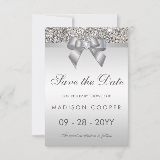 Silver Sequins Bling Bow sparen het Baby shower va Save The Date (Voorkant)