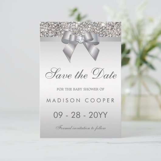 Silver Sequins Bling Bow sparen het Baby shower va Save The Date (Staand voorkant)