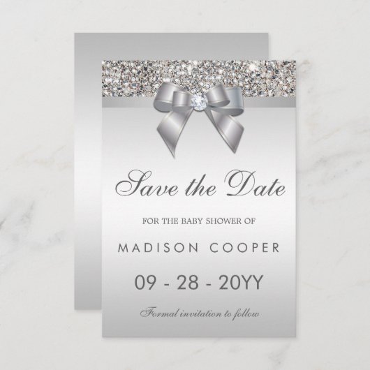Silver Sequins Bling Bow sparen het Baby shower va Save The Date (Voorkant / Achterkant)