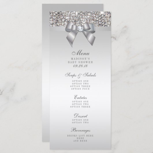Silver Sequins Bow Baby shower Menu (Voorkant / Achterkant)