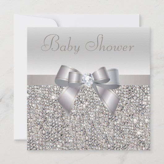Silver Sequins, Bow & Diamond Baby shower Kaart (Voorkant)