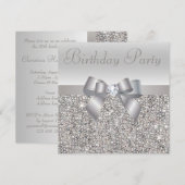 Silver Sequins, Bow & Diamond Birthday Party Kaart (Voorkant / Achterkant)