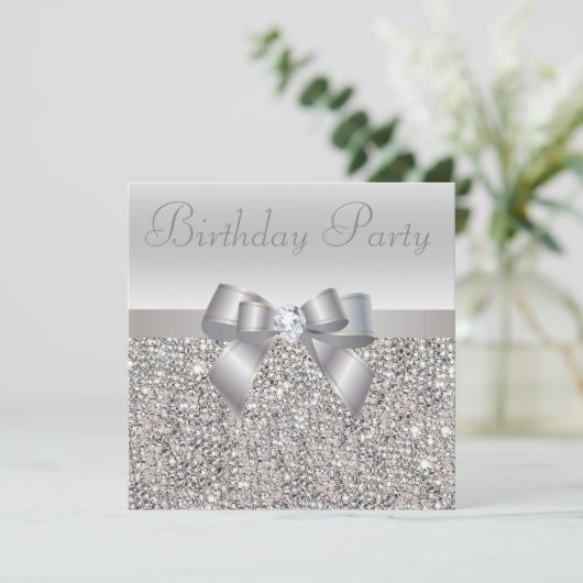 Silver Sequins, Bow & Diamond Birthday Party Kaart (Staand voorkant)