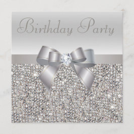 Silver Sequins, Bow & Diamond Birthday Party Kaart
