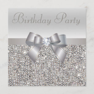 Silver Sequins, Bow & Diamond Birthday Party Kaart