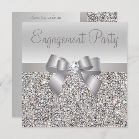 Silver Sequins, Bow & Diamond Engagement Party Kaart (Voorkant / Achterkant)