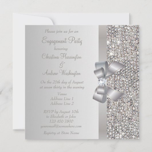 Silver Sequins, Bow & Diamond Engagement Party Kaart (Achterkant)