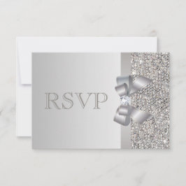 Silver Sequins, Bow & Diamond RSVP Wedding Kaartje
