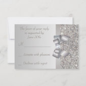Silver Sequins, Bow & Diamond RSVP Wedding Kaartje (Achterkant)