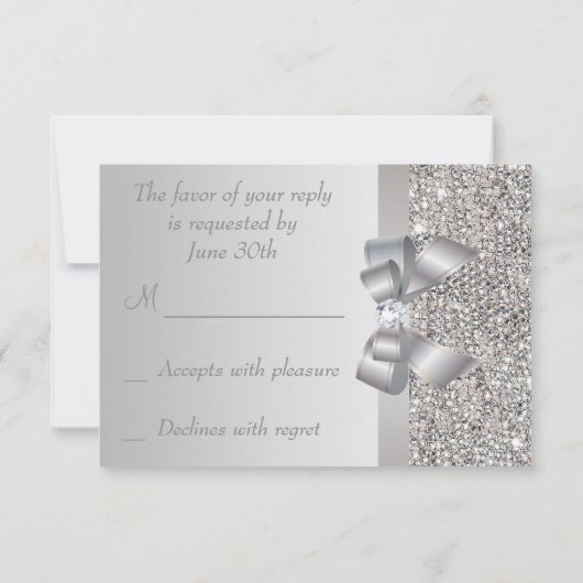 Silver Sequins, Bow & Diamond RSVP Wedding Kaartje (Achterkant)