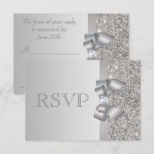 Silver Sequins, Bow & Diamond RSVP Wedding Kaartje (Voorkant / Achterkant)