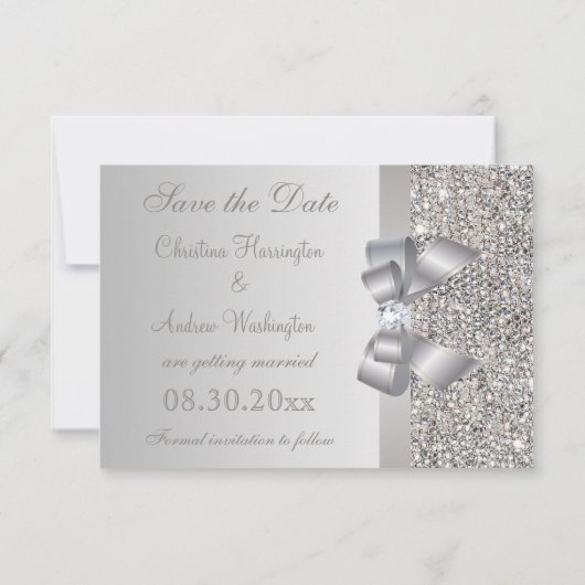 Silver Sequins, Bow & Diamond Save the Date (Achterkant)