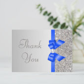 Silver Sequins Diamond Blue Bow Weddenschap Bedankkaart (Staand voorkant)