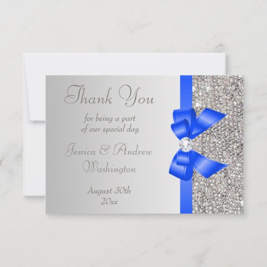 Silver Sequins Diamond Blue Bow Weddenschap Bedankkaart (Achterkant)