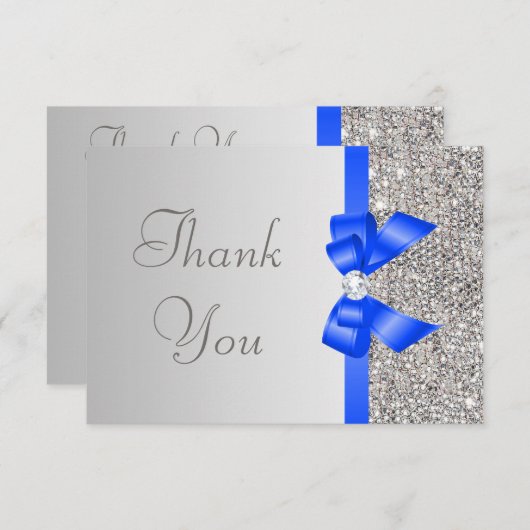 Silver Sequins Diamond Blue Bow Weddenschap Bedankkaart (Voorkant / Achterkant)