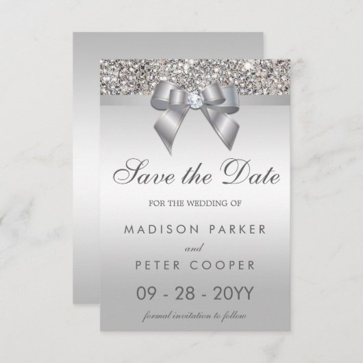 Silver Sequins Diamond Bow bespaart de datum van h Save The Date (Voorkant / Achterkant)