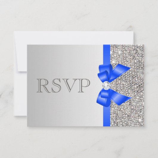 Silver Sequins Diamond Royal Blue Bow Wedding RSVP (Voorkant)
