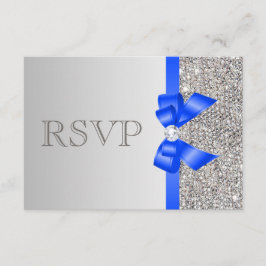 Silver Sequins Diamond Royal Blue Bow Wedding RSVP Kaartje