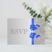 Silver Sequins Diamond Royal Blue Bow Wedding RSVP Kaartje (Staand voorkant)