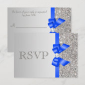 Silver Sequins Diamond Royal Blue Bow Wedding RSVP Kaartje (Voorkant / Achterkant)
