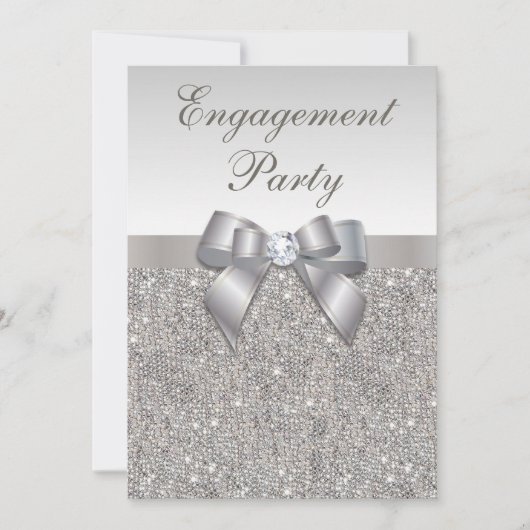 Silver Sequins Diamonds Bow Engagement Party Kaart (Voorkant)