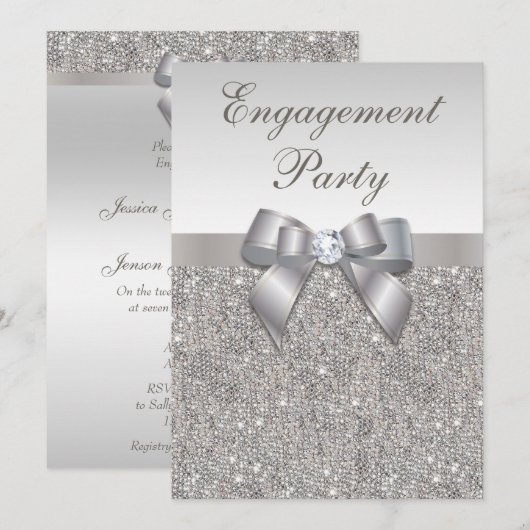 Silver Sequins Diamonds Bow Engagement Party Kaart (Voorkant / Achterkant)