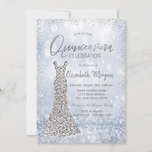 Silver Sequins Dress Confetti Bokeh Quinceañera Kaart (Voorkant)