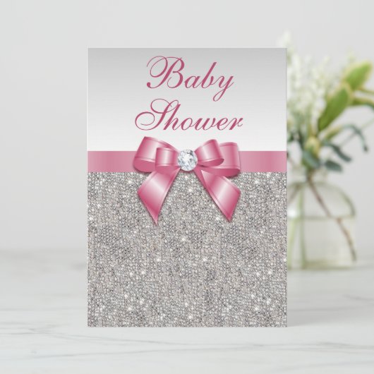 Silver Sequins en Bow Girls Pink Baby shower Kaart (Staand voorkant)