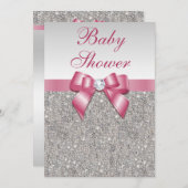 Silver Sequins en Bow Girls Pink Baby shower Kaart (Voorkant / Achterkant)