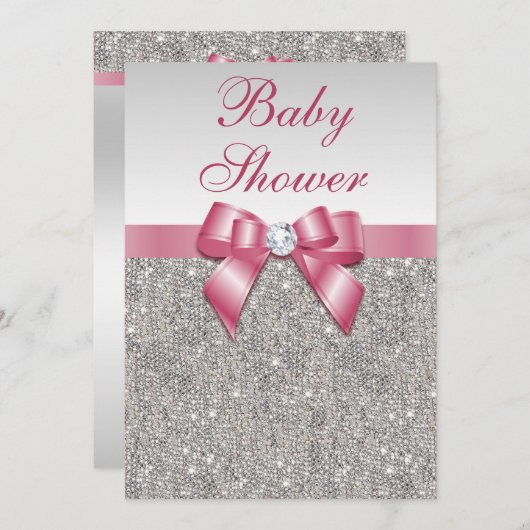 Silver Sequins en Bow Girls Pink Baby shower Kaart (Voorkant / Achterkant)