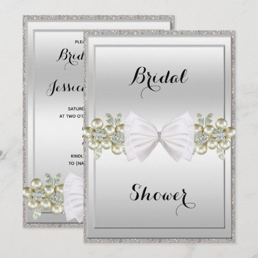 Silver Sequins & Floral Pareltjes Glitter Bow Brid Kaart (Voorkant / Achterkant)