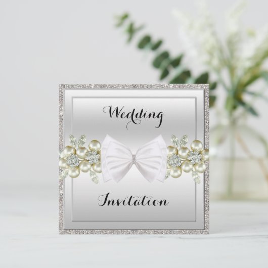 Silver Sequins & Floral Pareltjes Glitter Bow Wedd Kaart (Staand voorkant)