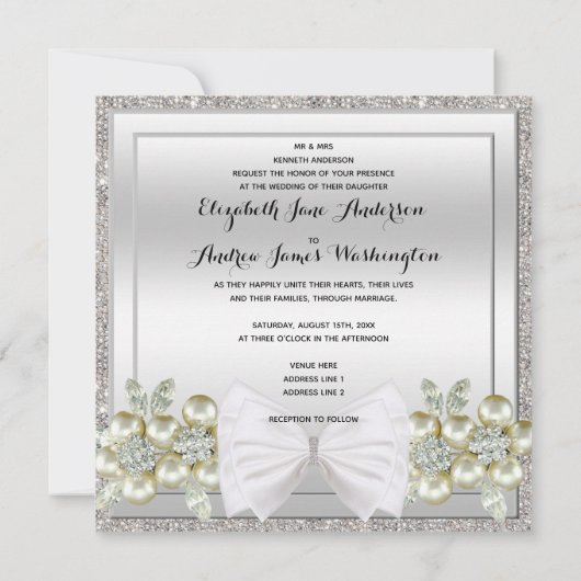 Silver Sequins & Floral Pareltjes Glitter Bow Wedd Kaart (Achterkant)