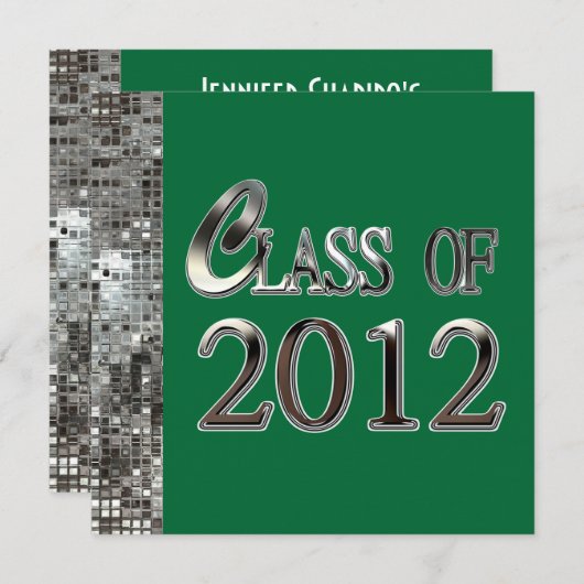 Silver Sequins Green Graduation Invitations Kaart (Voorkant / Achterkant)