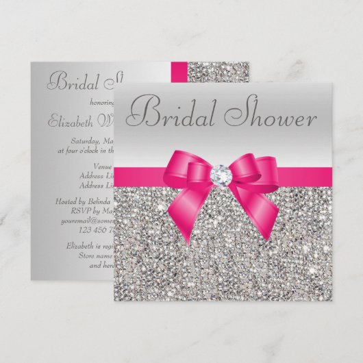 Silver Sequins Hot Pink Bow Diamond Vrijgezellenfe Kaart (Voorkant / Achterkant)