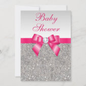 Silver Sequins Hot Pink Bow Girls Baby shower Kaart (Voorkant)