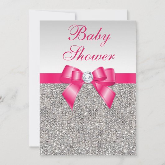 Silver Sequins Hot Pink Bow Girls Baby shower Kaart (Voorkant)