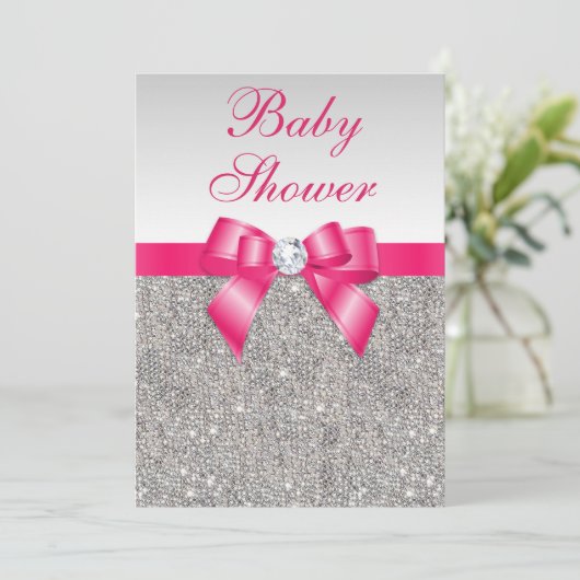Silver Sequins Hot Pink Bow Girls Baby shower Kaart (Staand voorkant)