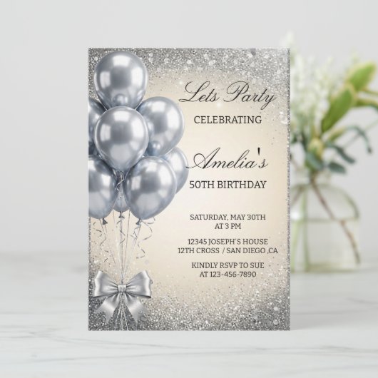 Silver Sequins Let's Birthday Party Invitation Kaart (Staand voorkant)
