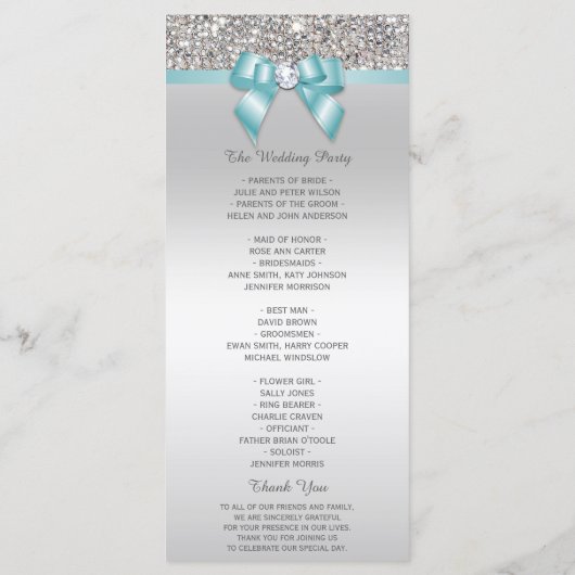 Silver Sequins Licht Blauwgroen Bow Wedding Progra Programmakaart (Achterkant)