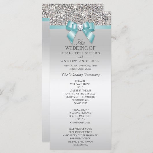 Silver Sequins Licht Blauwgroen Bow Wedding Progra Programmakaart (Voorkant / Achterkant)