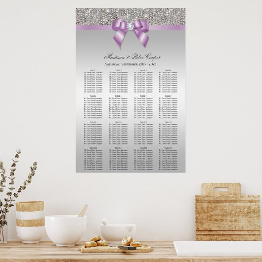 Silver Sequins Lila Bow Wedding Seding Chart Poster (Keuken)