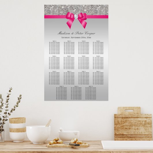 Silver Sequins Pink Bow Wedding Seding Chart Poster (Keuken)