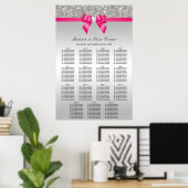 Silver Sequins Pink Bow Wedding Seding Chart Poster (Thuiskantoor)