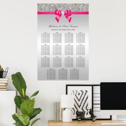 Silver Sequins Pink Bow Wedding Seding Chart Poster (Thuiskantoor)