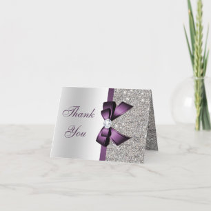 Silver Sequins Purple Diamond Bow Thank You Bedankkaart