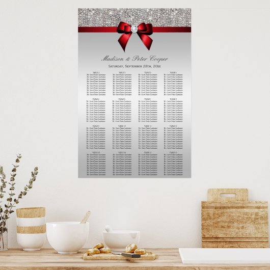 Silver Sequins Red Bow Wedding Seding Chart Poster (Keuken)