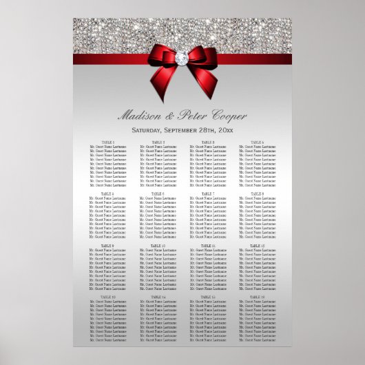 Silver Sequins Red Bow Wedding Seding Chart Poster (Voorkant)