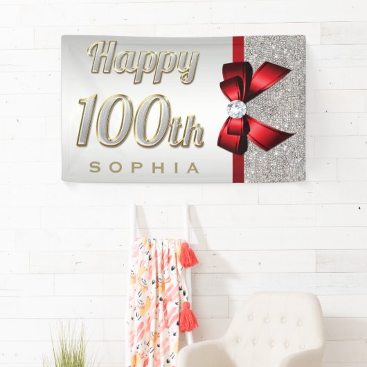 Silver Sequins Red Faux Bow 100th Birthday Spandoek (Insitu)
