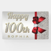 Silver Sequins Red Faux Bow 100th Birthday Spandoek (Horizontaal)